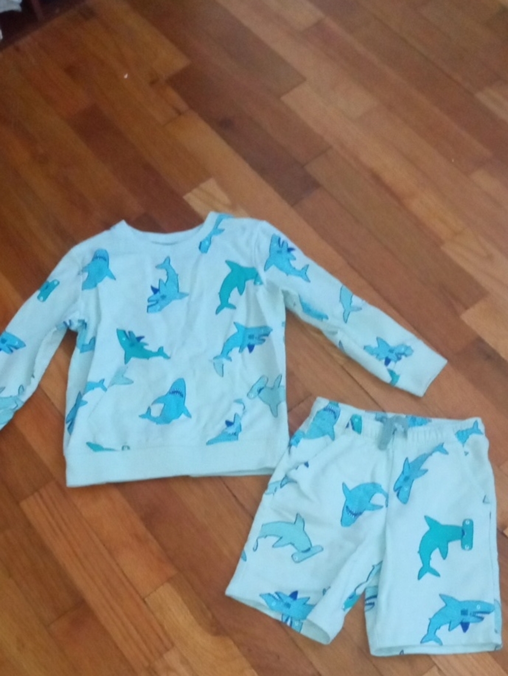 boys 5 sweatshirt and short set, blue with sharks